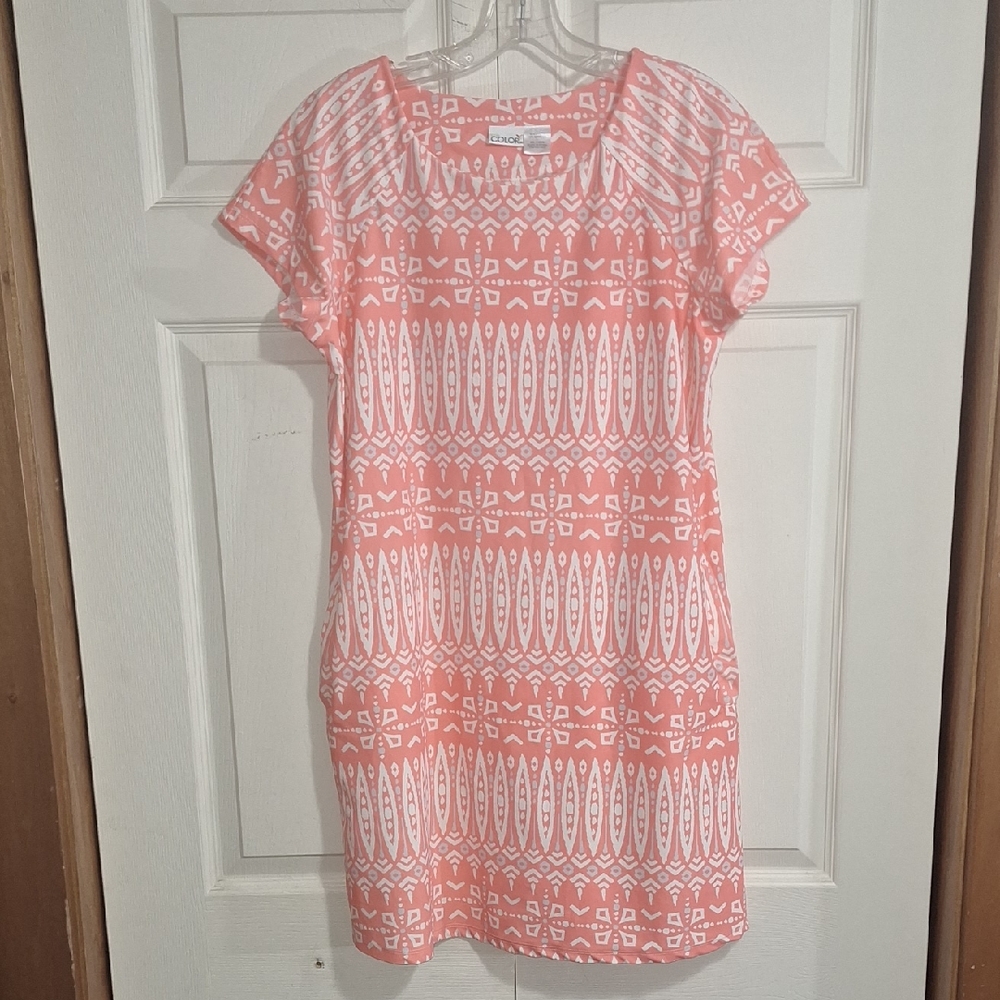 All For Color Peach and White Patterned Mini Dress - L